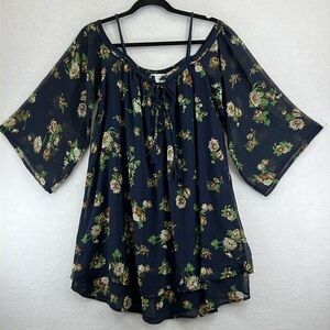 Purple Snow Women’s Top Sz M Navy Floral Cold Shoulder Long Sleeves Flowy BOHO